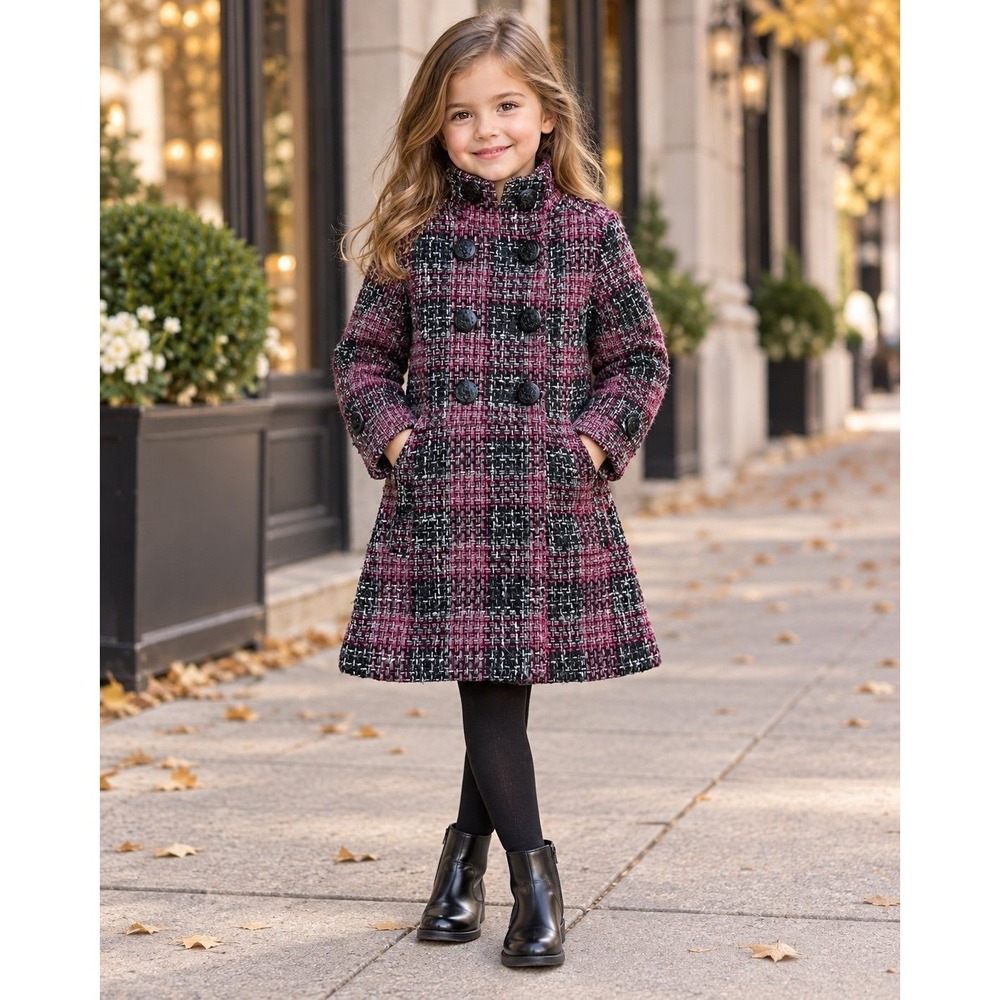 Jessica Simpson Girls Size 5 Pink Black Plaid Tweed Wool Blend Peacoat
